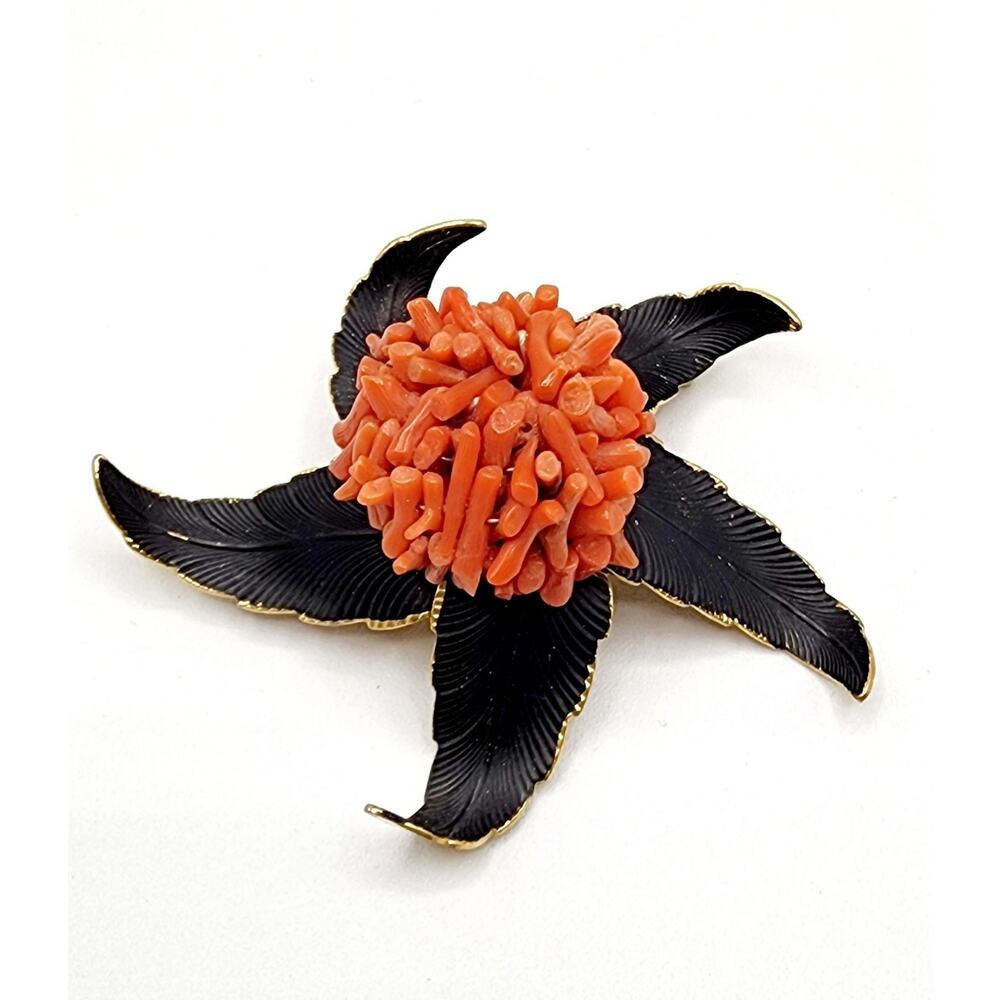 Sandor Branch Coral Brooch Black Enamel Flower Signed VTG Statement Mid Century